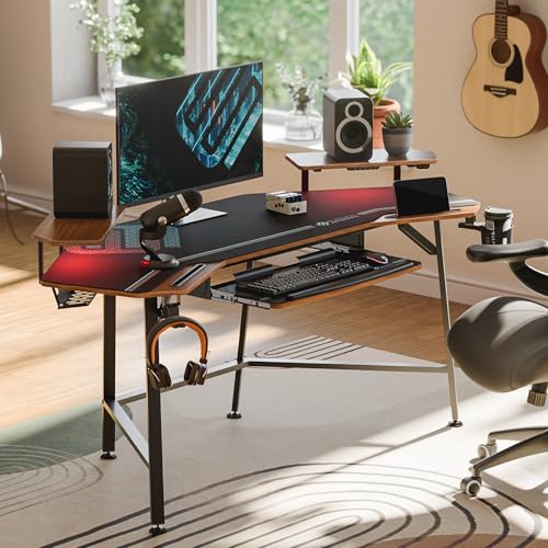 EUREKA ERGONOMIC 72" Gaming Desk W Keyboard Tray, Wing-Shaped Music Studio Desk, Large Computer Table W LED Convertible Monitor Stand Dual Headphone Hanger for Recording Live Streamer, Walnut Wood
