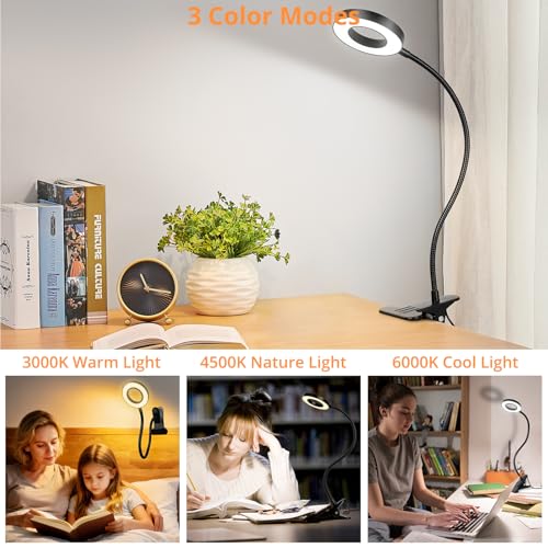 Woputne Desk Lamp Clip Light, 10 Dimmable Brightness 3 Light Modes Reading Light, Clamp Bedside Lamp for Painting, Craft, Study (Black)