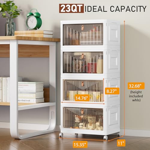 4 Tier Storage Bins with Lids, 23QT Stackable Closet Organizers and Storage with Wheels, Collapsible Storage Boxes, Foldable Plastic Storage Containers for Home,Office, Dorm Room-White