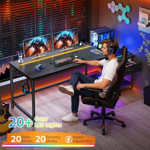 56 Inch Gaming Desk with Printer Shelf and LED Lights,Reversible Computer Desk with Drawers and Power Outlets,Study Table with Hooks for Headphone,Bags,Black Desk Work Desk for Teen Bedroom,Dorm