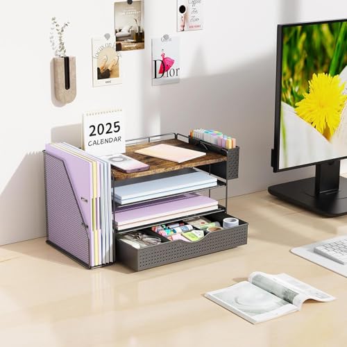 gianotter Wood Desk Organizers and Accessories with File Sorters, 4-Tier Desk Accessories & Workspace Organizers with Drawer and Pen Holder, Desk Reference Organizer (Wood, 4T with Drawer)