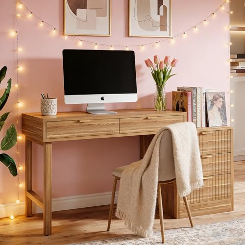 Tribesigns Computer Desk with 5 Drawers, Reversible Small Writing Desk with Storage, Modern Wooden Study Corner Table Workstation for Home Office, Small Spaces, Walnut Brown