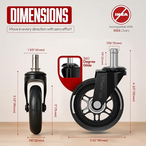 Wheels Xela Office Chair Wheels, Set of 5, 3 Inch Heavy-Duty Replacement Rubber Wheels for Desk & Gaming Chair are Easy to Install & Suitable for All Floor Types (Black)