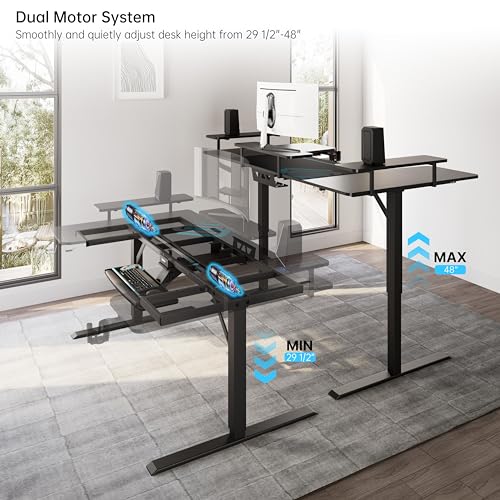 EUREKA ERGONOMIC Standing Desk with Keyboard Tray,U-Shaped 74 Inch Large Gaming Desk,Electric Height Adjustable Music Studio Desk w LED Convertible Shelves