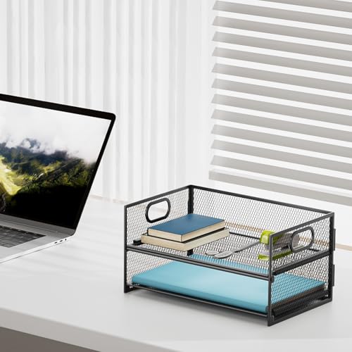 Marbrasse 2 Tier Paper Organizer Letter Tray, Mesh File Organizer with Handle, Paper Sorter Desk Organizer for Home Office Supplies - 2P