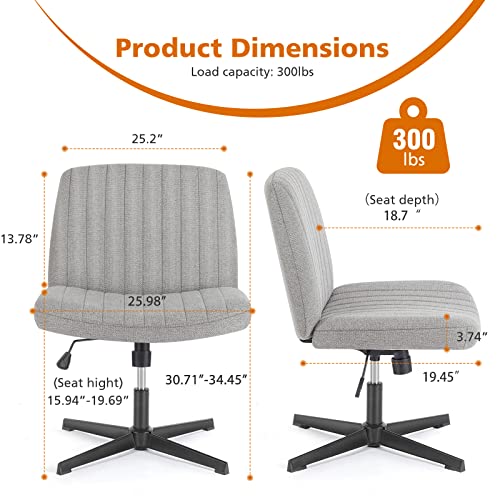 Sweetcrispy Criss Cross Chair Legged, Armless Office Swivel Desk Chairs No Wheels, Vanity Height Adjustable Wide Seat Comfy Cute Computer Task Seating for Home Bedroom, Grey