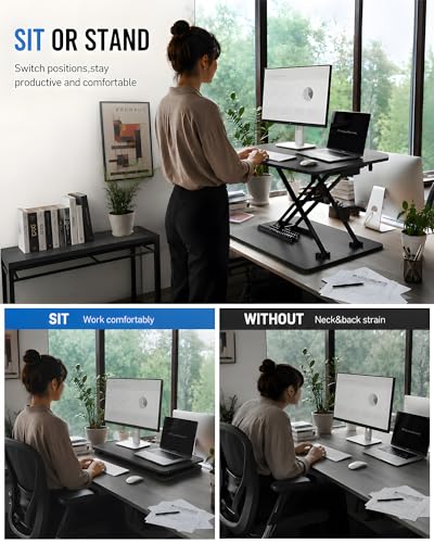 biueus Ultra-Slim Standing Desk Converter, 25.16" x 15.75" Compact Height Adjustable Desk Riser for Standing, Sit Stand Desktop Converter for Monitor or Laptop, No Assembly, Black