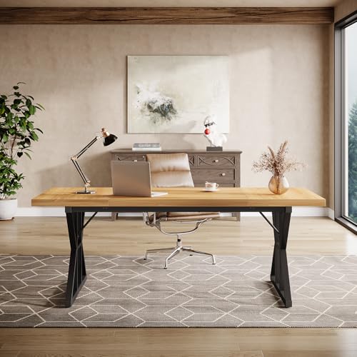 Tribesigns 70.86-Inch Large Executive Desk, Industrial Home Office Computer Desk, Simple Long Writing Study Table Business Furniture (Light Walnut/Black)