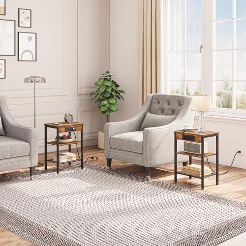 HOOBRO Side Table with Charging Station and USB Port, Small End Table for Small Space, 3-Tier Nightstand with Adjustable Shelf, for Living Room, Bedroom, Rustic Brown BF112BZ01