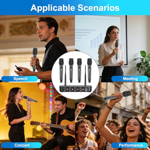 Aveek Wireless Microphone System with 4-Pack Dynamic Handheld Mics, 262ft Long Range, 40-Hour Battery, Low Latency Studio Sound for Karaoke, Singing, Speech, Church, Stage, Wedding, DJ & Events