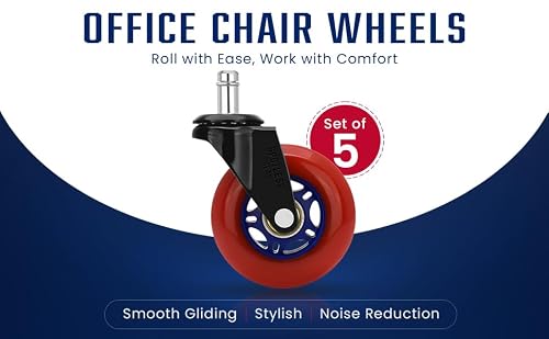 SPOTLESS GEAR Roller blade Office Chair Wheels for Gaming Chair, 3 inch Replacement Rubber Casters for Hardwood Floors & Carpet, Ultra Smooth & Quiet Heavy Duty Desk Chair Wheels, Set of 5 (Red Blaze)