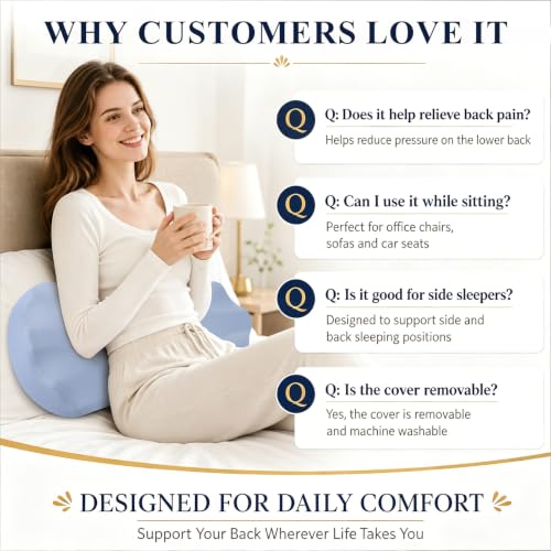 Fledano Lumbar Pillow for Sleeping, Lumbar Support Pillow for Bed for Back Pain Relief, Memory Foam Lower Back Pillow for Bed, Back Support Pillow for Side & Back Sleepers, Washable Cover