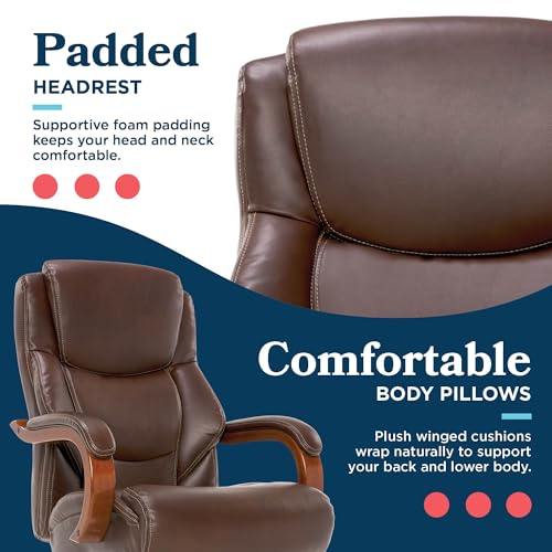 La-Z-Boy Delano Big and Tall Executive Office Chair - Ergonomic Lumbar Support Memory Foam - Bonded Leather Desk Chair for Home Office - Mahogany Wood Arms - Chestnut Brown