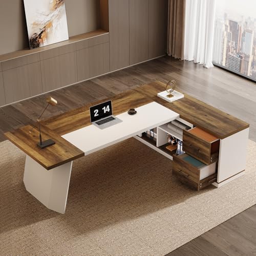 Tribesigns 78.7" L-Shaped Executive Desk, Modern Office Desk with 55.1" Storage Cabinet, Large Computer Table with Drawers, Business Furniture Workstation for Home Office, Brown & White