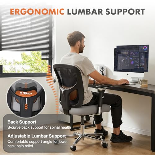 Sweetcrispy Big and Tall Office Desk Chair with Lumbar Support, 500lbs Heavy Duty Mesh Ergonomic Computer Chair with 4D Armrest and Wide Comfy Seat, 360° Swivel Wheels for Adult, Grey