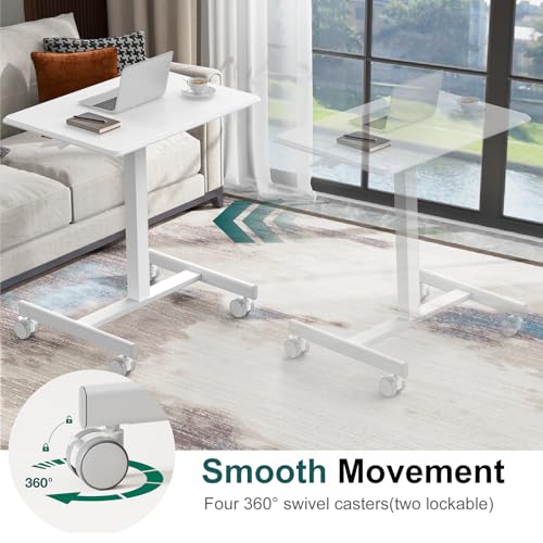 DUMOS Mobile Small Standing Desk, Portable Rolling Laptop Desk with 2 Lockable Wheels, Adjustable Height Computer Workstation for Home Office, 19 Inch White