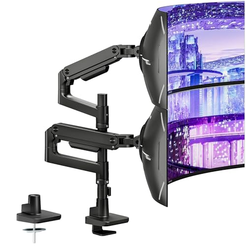ARES WING Dual Monitor Arm Desk Mount for 17-49 Inch Ultrawide Monitors, Heavy Duty Dual Monitor Mount Holds 44 lbs, Full Motion Gas Spring Vertical Stacked Monitor Mount, 75/100 VESA Mount, Black
