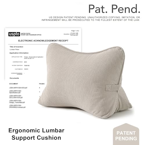 Ailuteie Pat. Pend. Corduroy Lumbar Support Back Pillow for Watching TV, Reading & Gaming, Ergonomic Triangle Support Cushion for Sofa, Armchair & Bed Sitting, Removable Washable Cover, Beige Gray