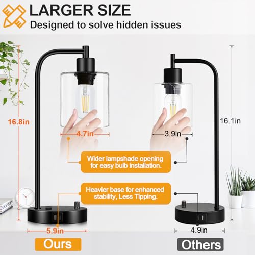 Set of 2 Industrial Table Lamps with USB C+A Ports and Outlet, Fully Stepless Dimmable Bedside Lamps for Bedrooms, Nightstand Desk Lamp with Glass Shade for Reading Living Room Office (Bulbs Included)