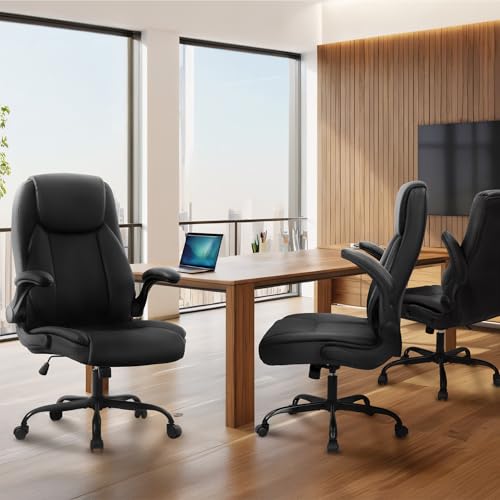 NEO CHAIR Office Desk Gaming Computer Home Chair Ergonomic Executive High Back Support Flip-up Arms Adjustable Height Swivel Rolling Wheels Comfy PU Leather (Black)