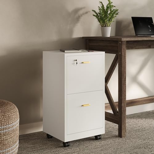 Lavish Home 2 Drawer File Cabinet - Filing Cabinet with Lock - Rolling File Cabinet for Under Desk Storage - Wood Filing Cabinet for Home or Office Organization (White)