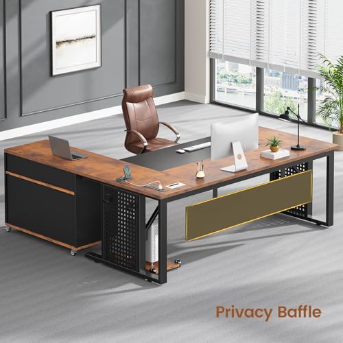 SEDETA 71" Executive Desk with Rolling File Cabinet, Large Office Desk with Drawers, L Shaped Computer Desk with Power Outlets, CPU Stand, Pegboard and Storage Shelves, Rustic Brown