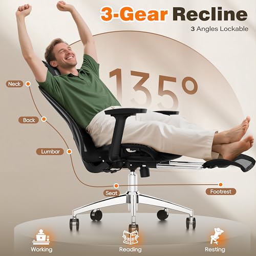 GABRYLLY Ergonomic Office Chair with Footrest, 135° Reclining Desk Chair with Adjustable Lumbar Support,3D Armrest,Headrest & Large Steel Base, 300LBS Heavy Duty Mesh Chair