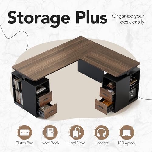 HUANUO 63 Inch L Shaped Standing Desk, Electric Executive Height Adjustable Desk with Storage Drawers, Reversible Design Computer Workstation for Home Office, Black Walnut