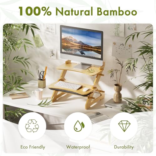 Amazer Standing Desk Converter, 22 inch Bamboo Small Sit Stand Up Desk Riser with Lap Desk Computer Desktop Desk Converter for Monitor and Laptop with Keyboard Tray