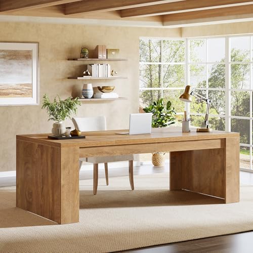 Tribesigns Executive Office Desk, 70.9-Inch Large Farmhouse Wooden Computer Desk with Sturdy Double Pedestal Legs, Writing Workstation Business Furniture for Home Office (Brown)