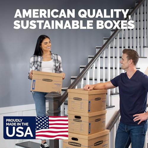 Bankers Box Small Classic Moving Box 10 Pack, Reinforced Handles, Tape-Free Assembly, Box with Lid, 15" x 12" x 10", Cardboard