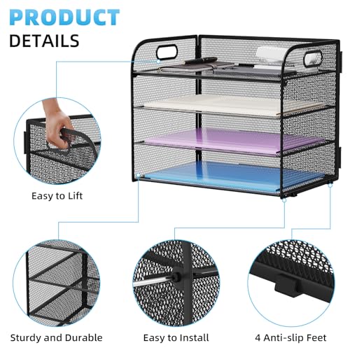 Marbrasse 4 Tier Paper Organizer Letter Tray - Mesh Desk File Organizer with Handle, Paper Sorter Organizer for Letter/A4 Office File Folder Holder (Black, 12.6" x 9.1" x 10.7")