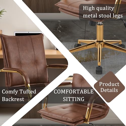 MOJAY Mid-Back Ergonomic Leather Office Desk Chair, Modern Upholstered Computer Chair, Executive Office Chair with Arms, Swivel Adjustable Rolling Chair with Gold Base (Brown)