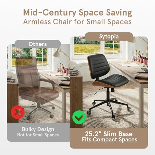 Sytopia Small Desk Chair for Home Office, Adjustable Height Swivel Armless Office Chair No Arms, Mid Century Modern Chair with Wheels, Walnut Wooden Sturdy Furniture, Easy Assembly, Vintage Black