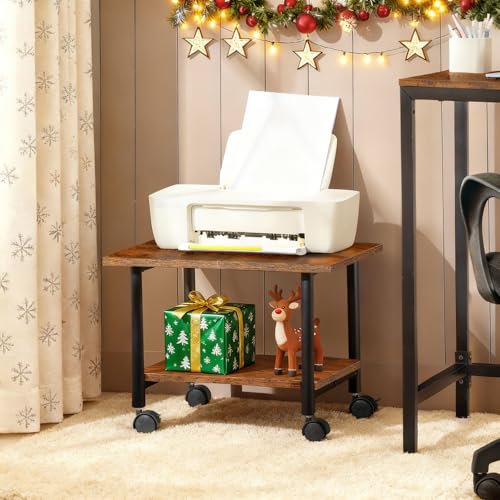 HOOBRO Printer Stand, 2-Tier Industrial Under Desk Printer Cart with Shelf, Mobile Heavy Duty Storage Rack on Wheels for Home, Office, Rustic Brown and Black BF02PS01G1