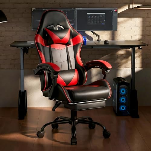 Ray Bear Gaming Chair, Ergonomic Computer Chair with Footrest and Lumbar Support, Height Adjustable Office Chair with 360° Swivel Seat and Headrest (Red & Black)