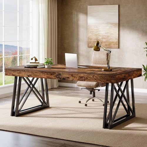 Tribesigns 63-Inch Executive Desk, Farmhouse Office Computer Desk with Sturdy X-Shaped Legs, Large Writing Table Business Furniture Workstation for Home Office, Study (Rustic Brown & Black)