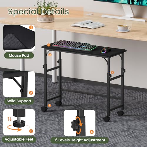 Snughome Mobile Keyboard Tray with Mouse Pad, Height Adjustment 21.6"-31.1", Keyboard Standing Desk, Rolling Under-Desk Extender with Lockable Casters, Desk Accessories for Home Office, Black