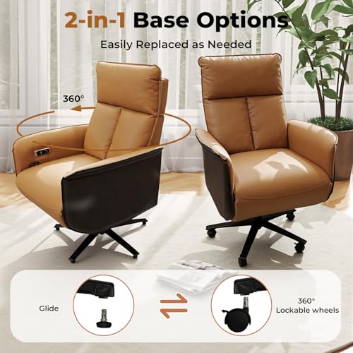 Liftsync Ergonomic Executive Recliner, Adjustable Electric Office Chair 90-155° with Footrest, 4-Position Headrest, 300LBS Heavy Duty, 2-in-1 Base Swivel Desk Chair w/USB, Brown & Black PU Leather