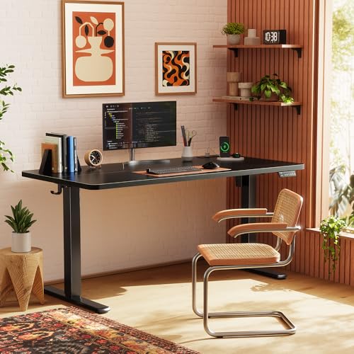 Huuger Electric Standing Desk with Power Outlets and USB-C Port, 55 X 24 Inch Height Adjustable Desk, Sit Stand Desk for Home Office, Computer & Gaming Desk with 4 Presets, Stable Steel Frame, Black