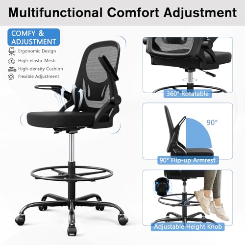 Alolo 450lbs Drafting Chair Tall Office Chair for Standing Desk with Flip-up Armrests,Ergonomic High Desk Chair with Lumbar Support and Adjustable Footrest Ring for Office,Black