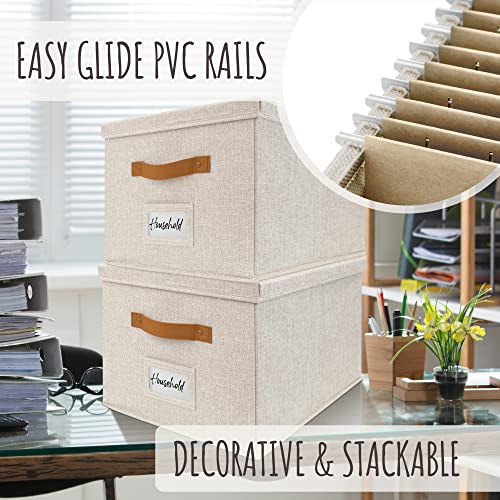 Decorative File Organizer Box Set of 2 - Collapsible Linen Filing Cabinets with Handles Are Perfect to Store All Your Documents & Hanging File Folders - Portable Easy Slide Office Crates with Lid