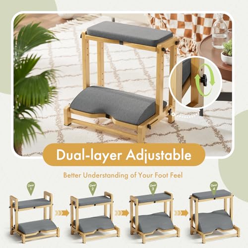 Atoping Double Step Foot Rest Under Desk, Adjustable Wooden Desk Foot Rest with 4 Heights, Ergonomic Foot Stool with Cushion for Office, Gaming & Study (Natural Color)