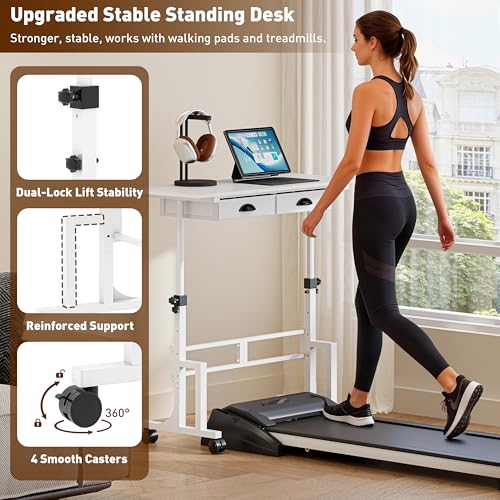Height Adjustable Standing Desk with 2 Drawers, Small Sit Stand Up Desk with Wheels, Portable Rolling Desk for Walking Pad Treadmill, Computer Office, Adjustable 31.5"-43.3", White, Upgraded Stable
