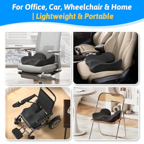 Seat Cushion for Tailbone & Sciatica Pain Relief – Certified & Ergonomist-Designed – Tapered Front Edge Reduces Thigh Pressure – Wide Memory Foam for Office Chair, Car, Wheelchair (Gray)