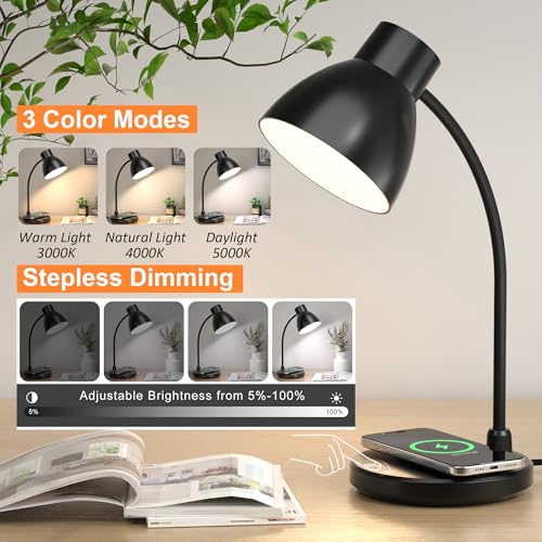 Vicsoon Desk Lamps for Home Office - LED Desk Lamp with Wireless Charger, 3 Color Modes Dimmable Eye-Caring Study Reading Desk Light, Small Flexible Arm Table Lamp for College Dorm Room Bedside, Black