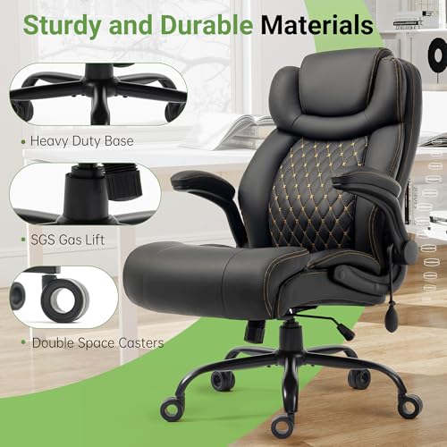 BLISNEST Office Chair, Big and Tall Executive Chairs with Lumbar Support for Back Pain, Breathable Desk Computer Chair with Adjustable Flip-up Armrests, Wide Cushion Swivel Home Office Chair Black PU