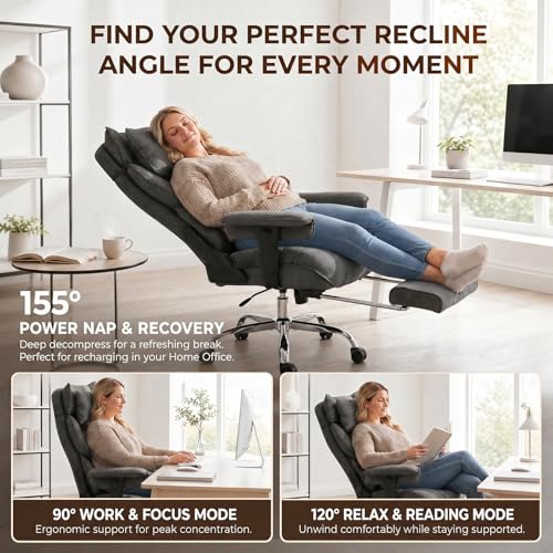 mokodo Big and Tall Office Chair 400lbs, Breathable Fabric Executive Desk Chair with Pocket Spring Cushion, 155° Reclining Computer Chair with Integrated Headrest & Lumbar Pillow (Dark Grey)