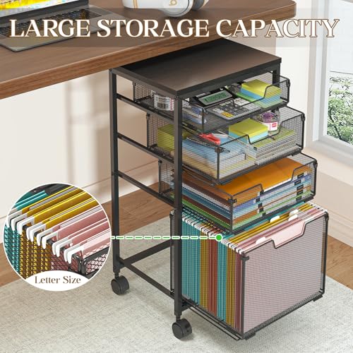 Sbanmao Rolling File Cart with 4 Storage Drawers, Mobile File Cabinet with Wheels, Hanging File Organizer, Under Desk Printer Stand Utility Cart Filing Cabinet for Home Office, Black