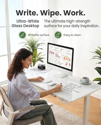 Marsail Glass Standing Desk with Drawer 37 x 22 Inches Stand up Desk Standing Desk Adjustable Height with One-Piece Tempered Glass Top, Ergonomic Home Office Desk with 4 Preset Heights White